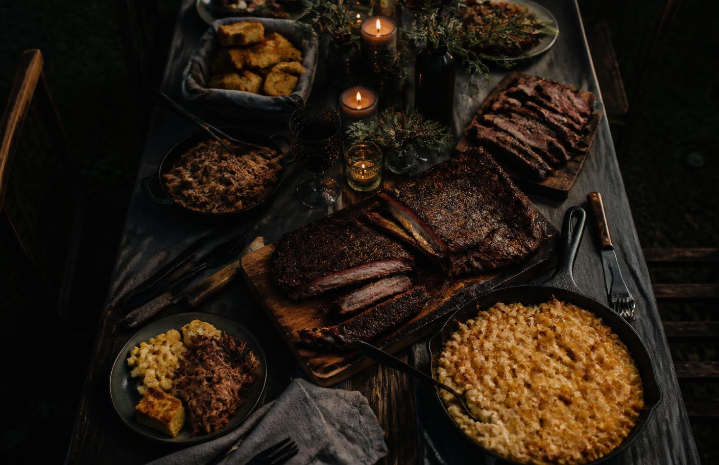 A catering spread of smoked meats and sides on a serving table